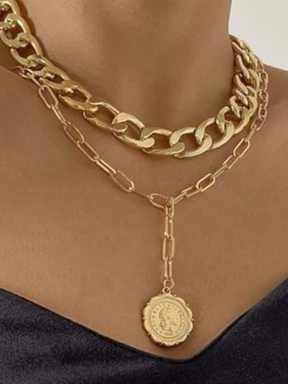 Women's Gold Layered Chain Necklace Set Chunky Cuban Link Paperclip Coin Pendant